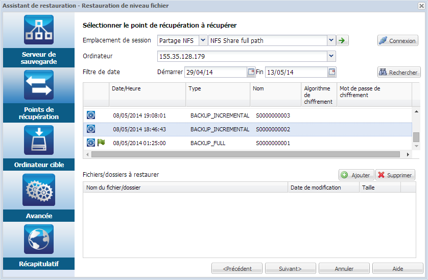 Option Points de récupération lors d'une restauration de niveau fichier pour Linux