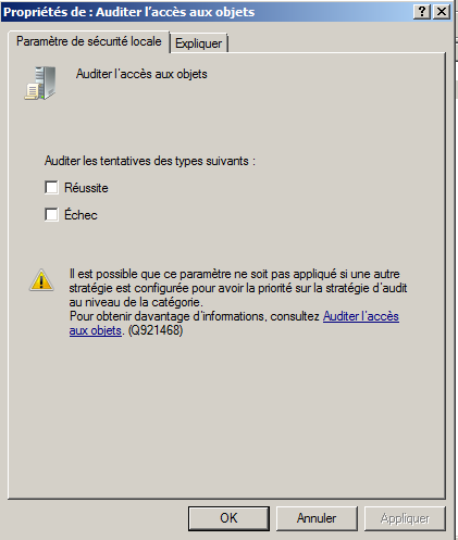 Boîte de dialogue des propriétés Auditer l'accès aux objets