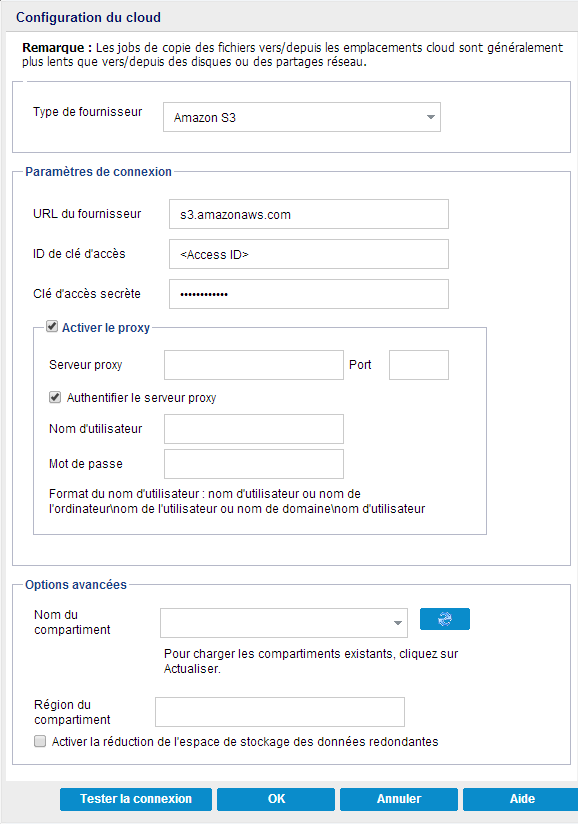Boîte de dialogue Configuration du cloud - Restauration de la copie des fichiers