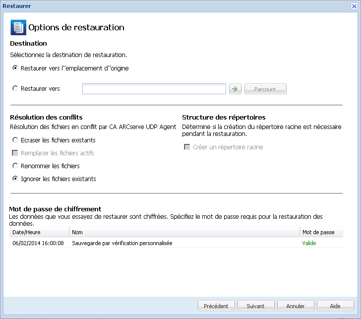 Ce diagramme illustre les options de restauration disponibles pour effectuer une restauration à partir d'une copie de fichiers.
