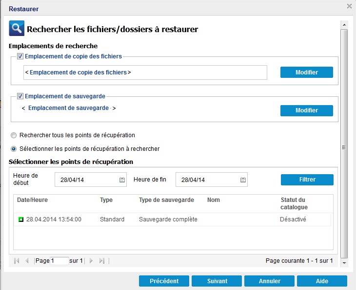 Boîte de dialogue Rechercher les fichiers/dossiers à restaurer