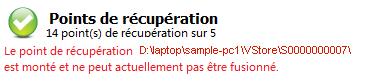 Alerte d'état de récapitulatif de point de récupération, page d'accueil