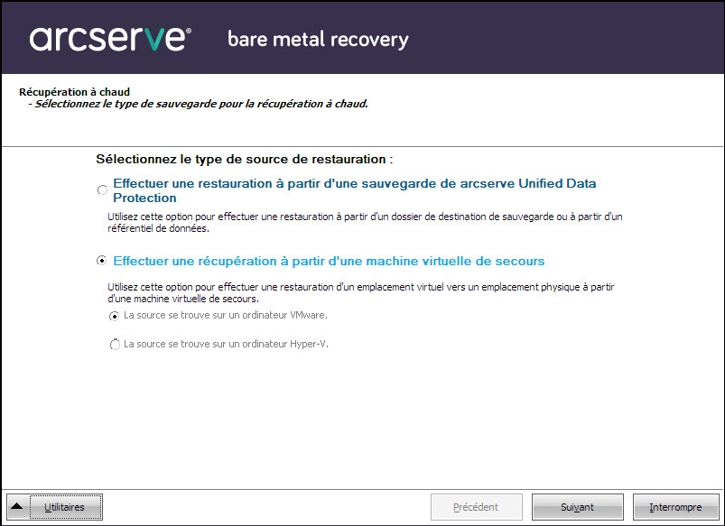 Boîte de dialogue Récupération à chaud - Type de récupération