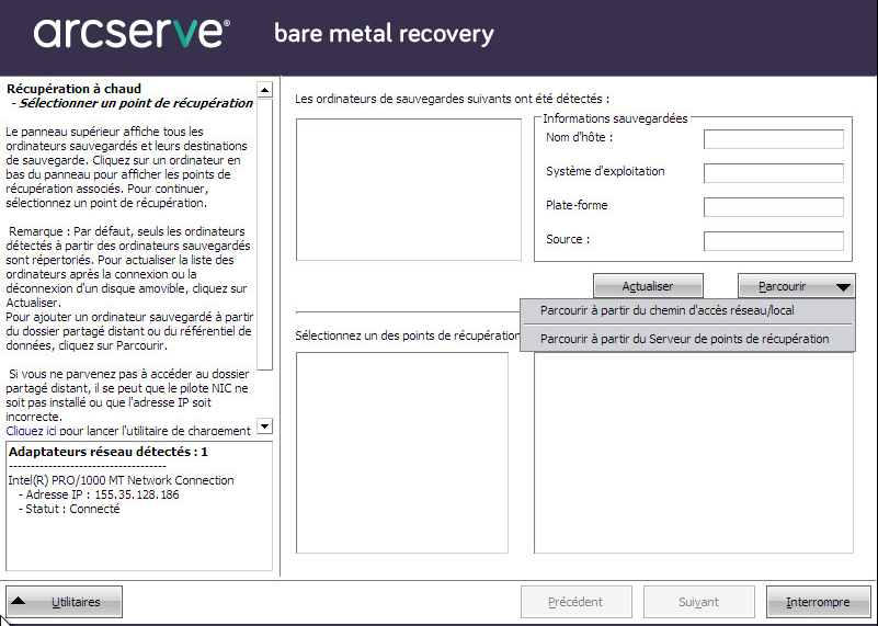Boîte de dialogue Récupération à chaud - Spécifier un point de récupération