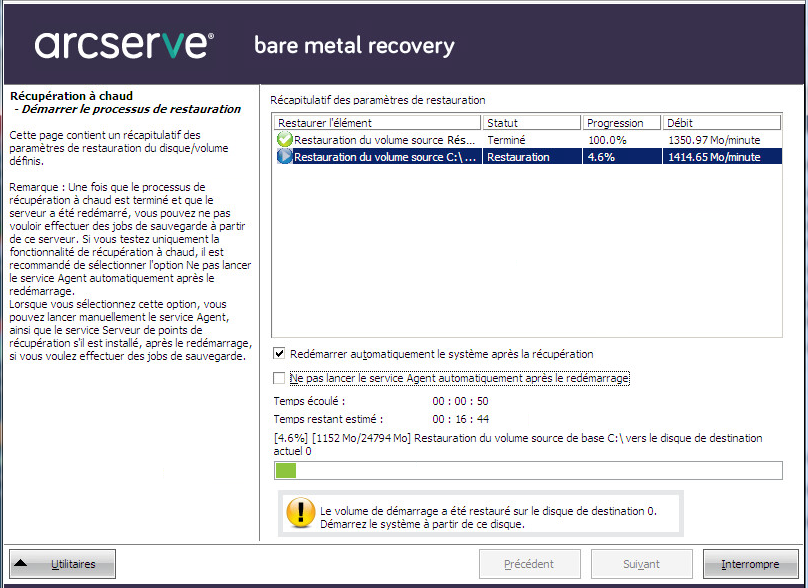 Boîte de dialogue Récupération à chaud - Démarrer le processus de restauration