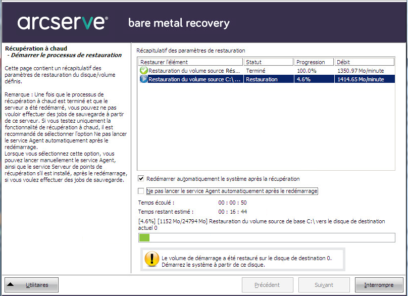 Boîte de dialogue Récupération à chaud - Démarrer le processus de restauration