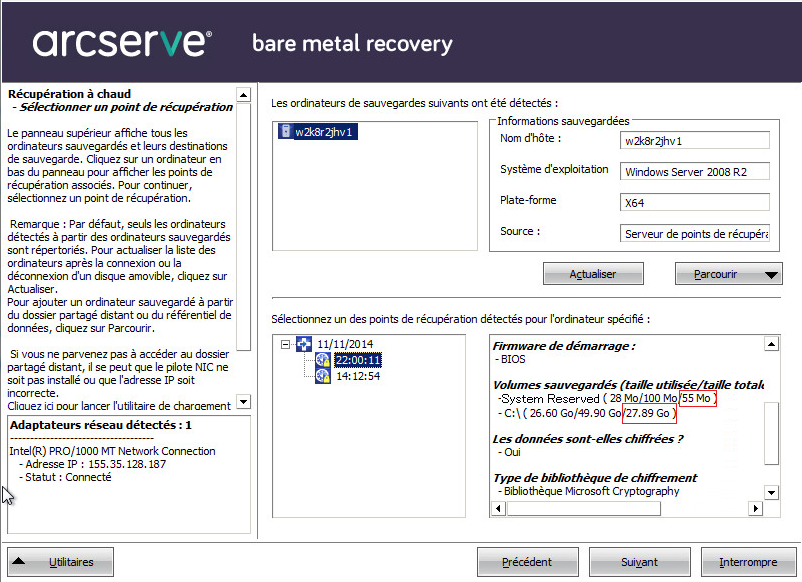 Boîte de dialogue Récupération à chaud - Spécifier un point de récupération - Informations remplies
