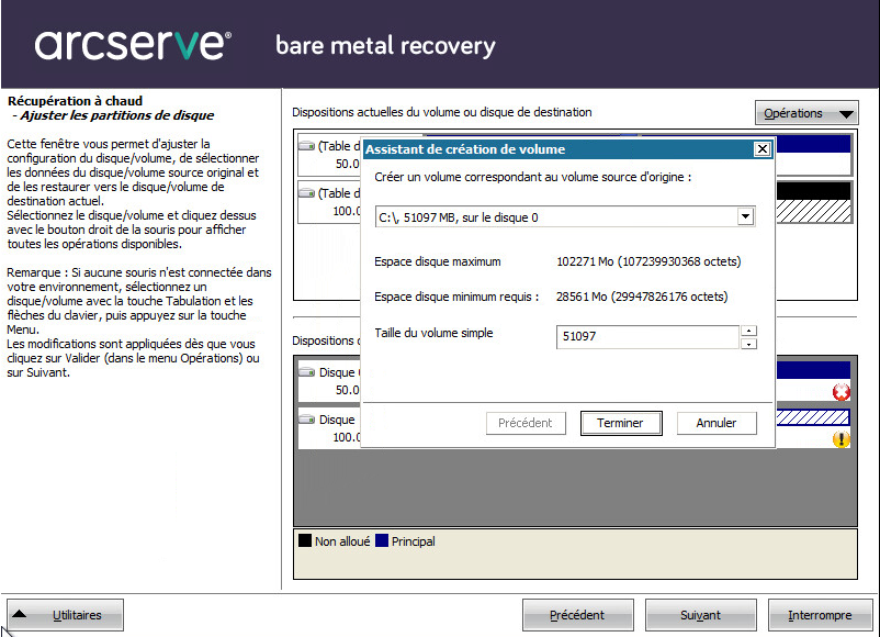 Boîte de dialogue Récupération à chaud - Spécifier un point de récupération - Informations remplies