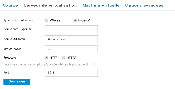 Détails du serveur de virtualisation pour Hyper-V