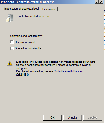 Finestra di dialogo delle proprietà Controlla accesso agli oggetti
