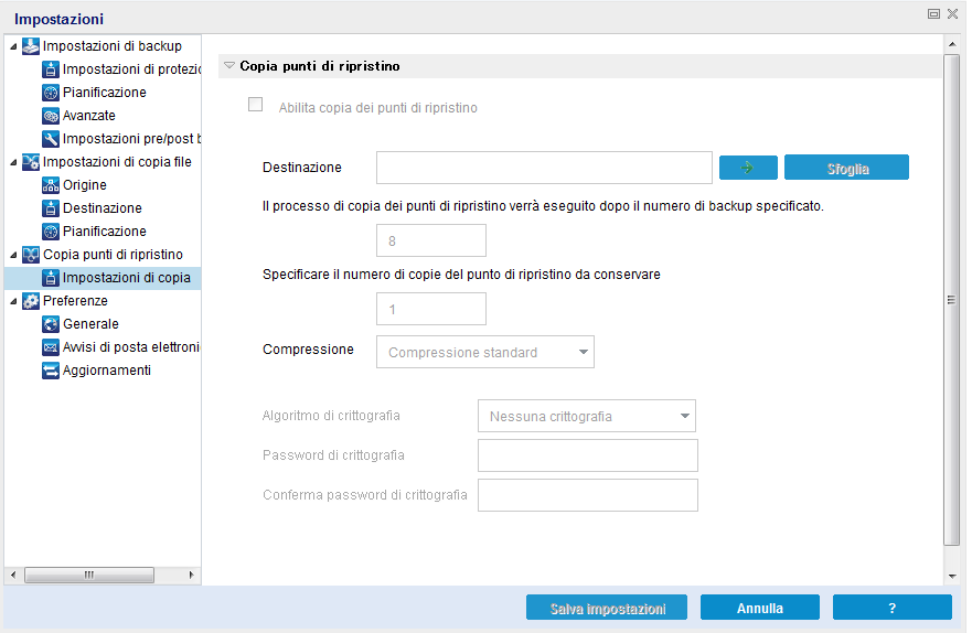 Questa immagine mostra le opzioni disponibili per la configurazione delle impostazioni di copia del punto di ripristino