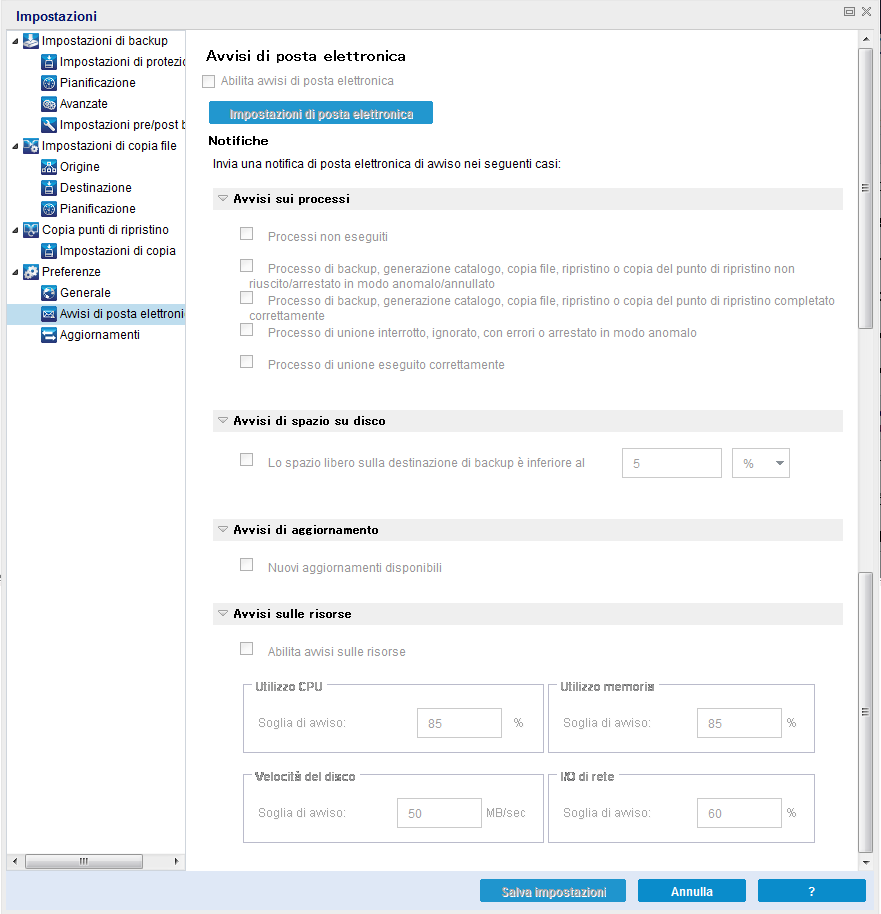 Impostazioni delle preferenze - Finestra di dialogo Avvisi di posta elettronica