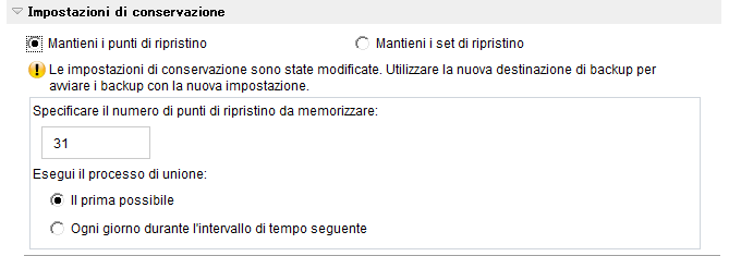 Esegui backup - Impostazioni di protezione
