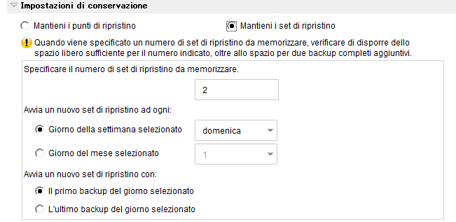 Esegui backup - Impostazioni di protezione