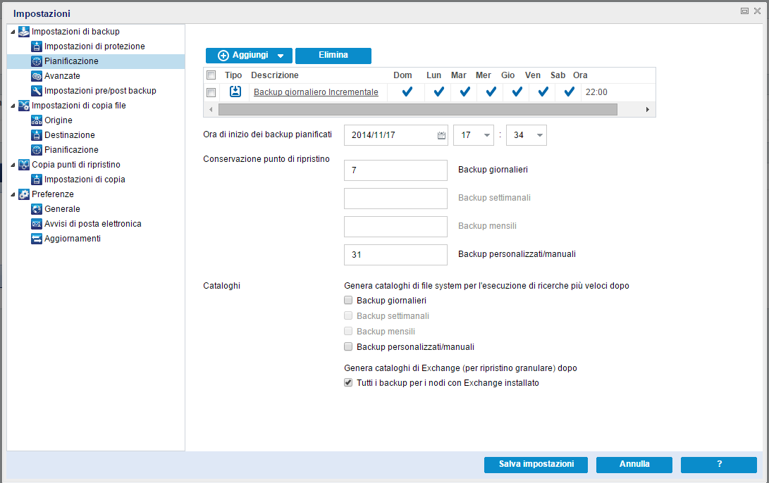 Esegui backup - Pianificazione