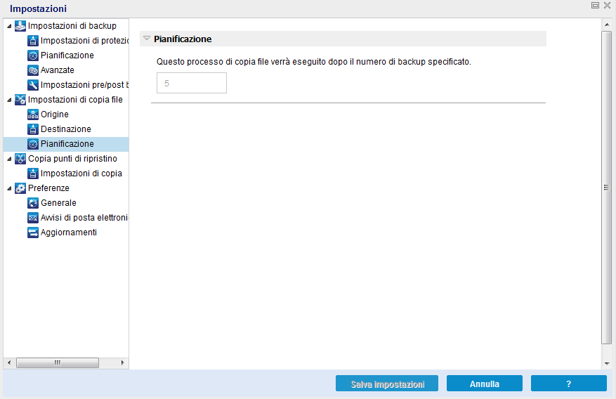 Impostazioni di copia file - Finestra di dialogo Pianificazione
