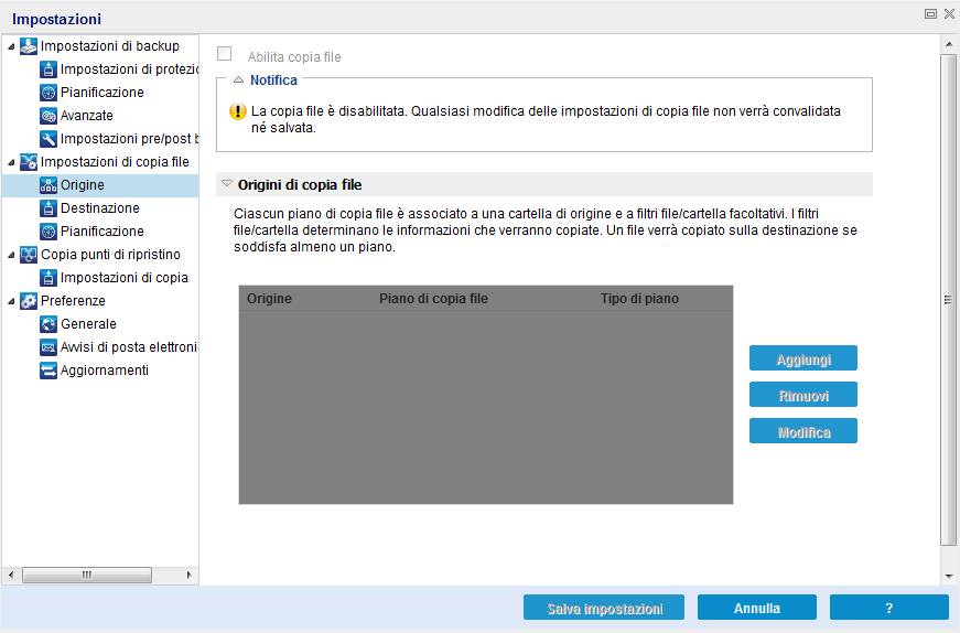Impostazioni di copia file - Finestra di dialogo Origine