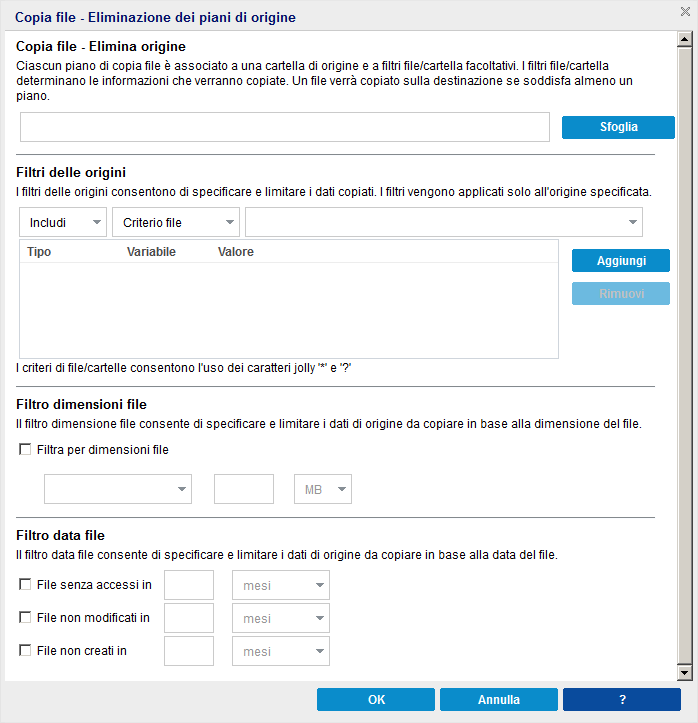 Copia file - Finestra di dialogo Elimina criteri di origine