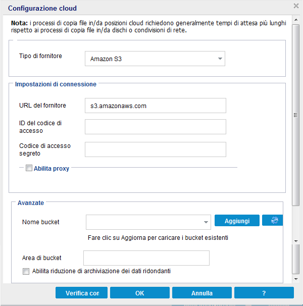 Finestra di dialogo Configurazione cloud - Copia file