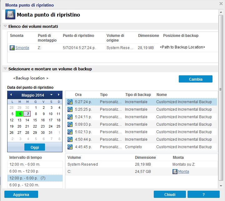 Montaggio o smontaggio del punto di ripristino