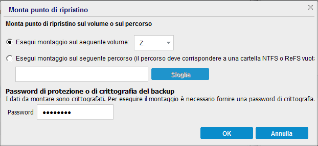 Finestra di dialogo Monta punto di ripristino