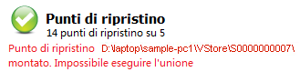 Avviso di stato riepilogo del punto di ripristino, pagina principale