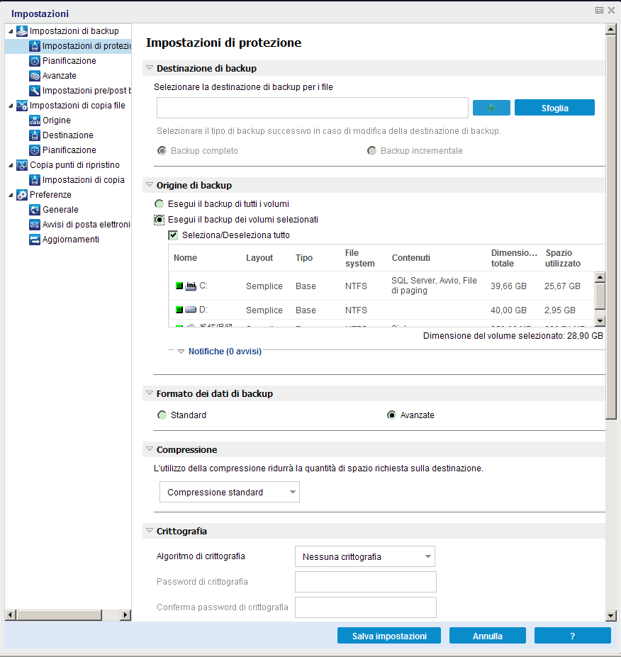 Esegui backup - Impostazioni di protezione