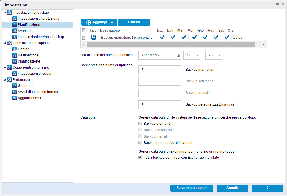 Esegui backup - Pianificazione