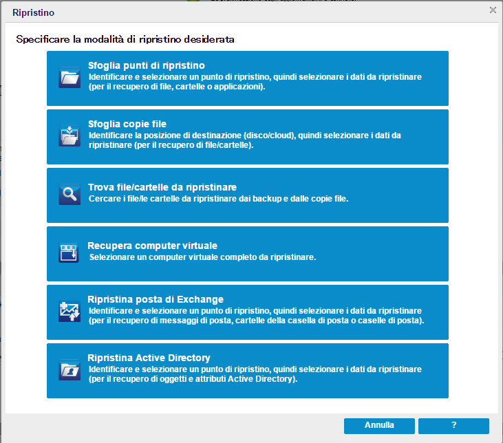 Finestra di dialogo per la selezione di un metodo di ripristino