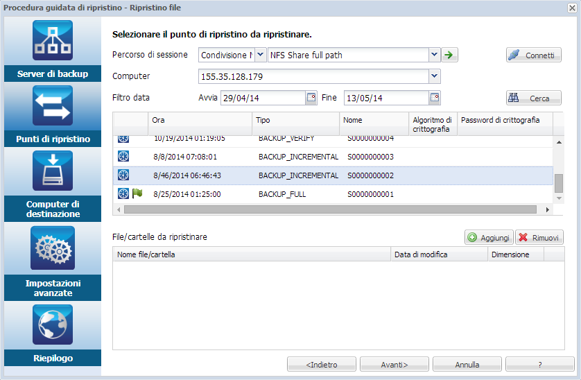 Opzione Punti di ripristino nel ripristino a livello di file per Linux