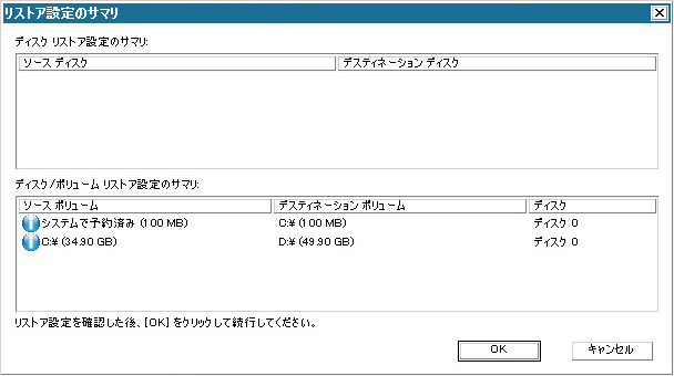 ベア メタル復旧 - ［リストア設定のサマリ］ダイアログ ボックス
