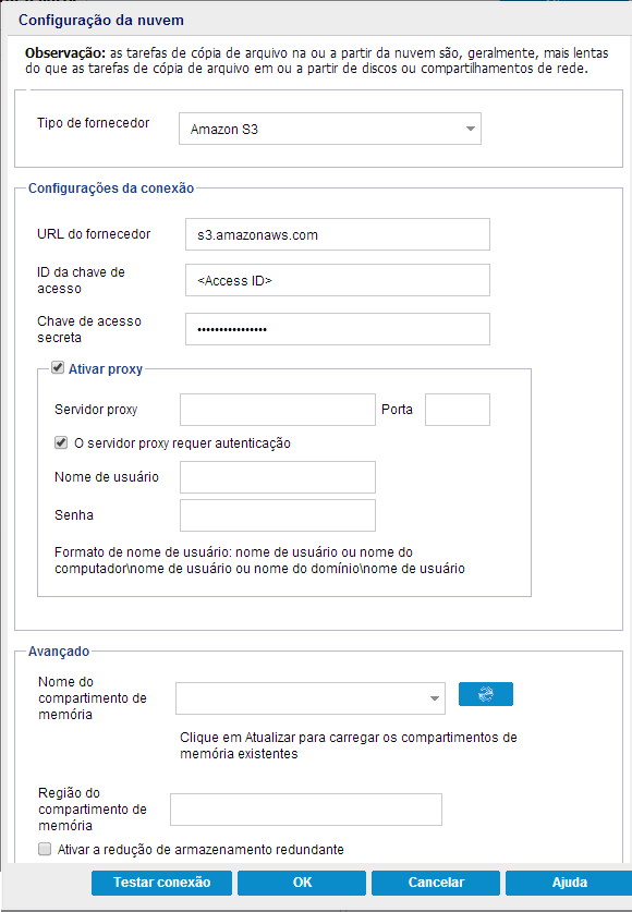 Caixa de diálogo Configuração de nuvem- Restauração de cópia de arquivo