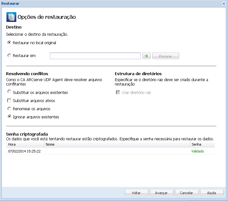 Este diagrama mostra as opções de restauração disponíveis para restaurar a partir de uma cópia do arquivo