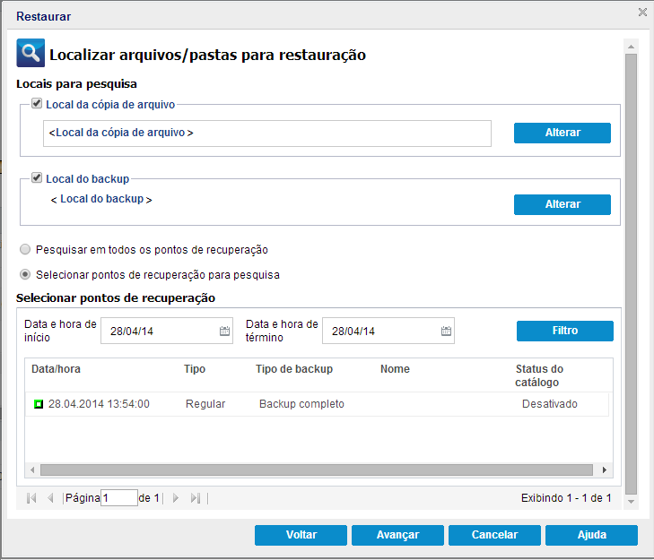Caixa de diálogo Localizar arquivos/pastas para restauração.