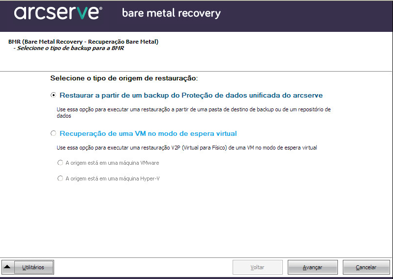 caixa de diálogo Recuperação Bare Metal - Especificar um tipo de recuperação.