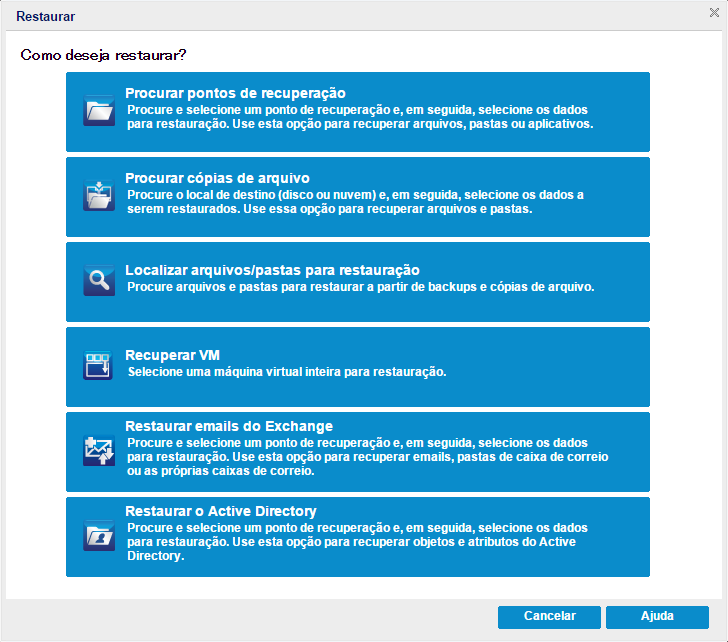 Caixa de diálogo para selecionar um método de restauração