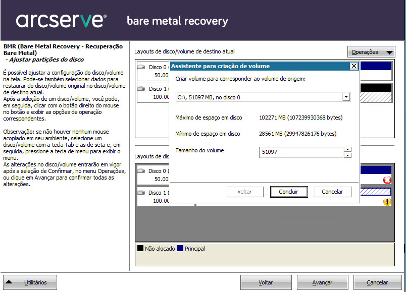 informações preenchidas -Recuperação Bare Metal - Especificar um ponto de recuperação.