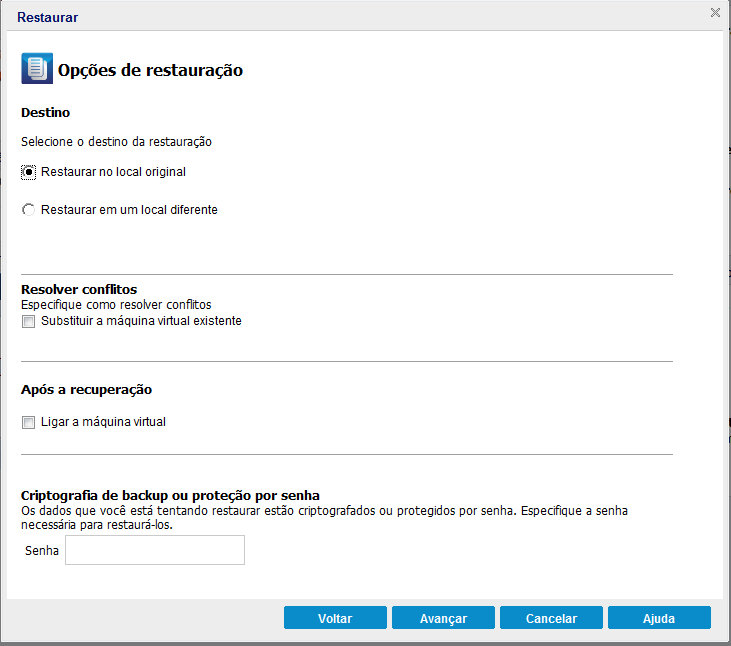 Este diagrama exibe as opções de restauração a serem especificadas para restaurar uma máquina virtual