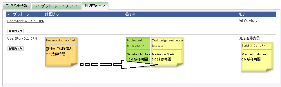 進行中から完了済みへのタスクのドラッグによるタスク ステータスの変更