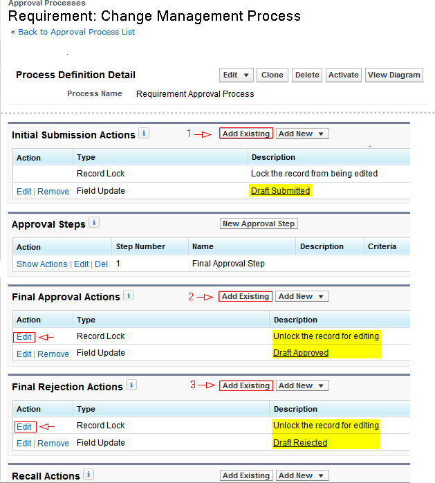 Modify the settings on Requirement Approval Process page to specify record locking and unlocking, as well as to add field updates.