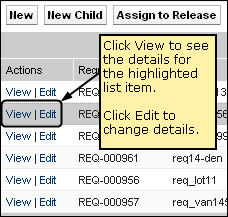 The figure shows the View and Edit links on a list page.The figure shows the View and Edit links on a list page.