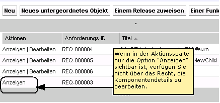 Die Darstellung zeigt die Verknüpfung "Anzeigen" auf der Seite der Anforderungslisten.