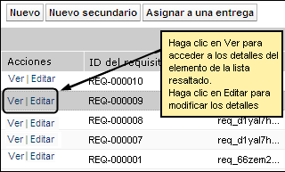 La ilustración muestra los vínculos Ver y Editar en una página de lista.