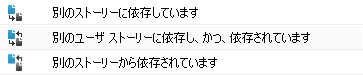 依存関係アイコンは、ユーザ ストーリーに別のストーリーが依存しているか、ユーザ　ストーリーが別のストーリーに依存しているか、またはその両方かを示します。