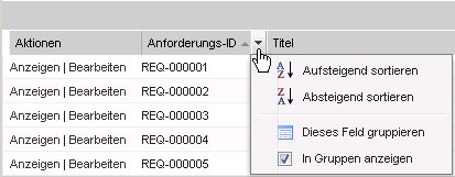 Die Darstellung zeigt das Menü zum Sortieren eine Spalte in einer Listentabelle.