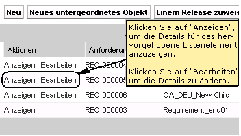 Die Darstellung zeigt die Verknüpfungen "Anzeigen" und "Bearbeiten" auf einer Listenseite.
