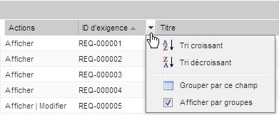 Cette illustration présente le menu de tri de colonnes dans une table de liste.