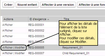 Cette illustration présente les liens Afficher et Modifier sur une page de liste. Cette illustration présente les liens Afficher et Modifier sur une page de liste.