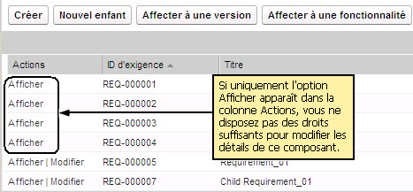 Cette illustration présente le lien Afficher sur la page de liste des exigences.
