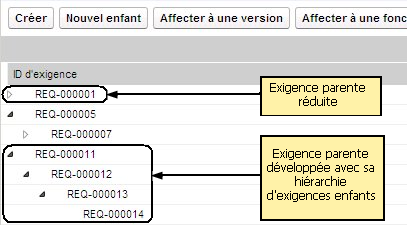 Cette illustration présente une exigence parente réduite et une autre développée avec ses exigences enfants.